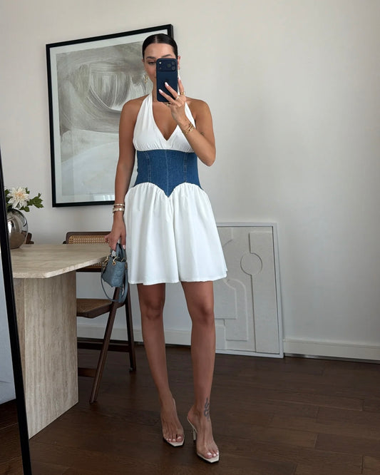 Denim detailed corset white dress