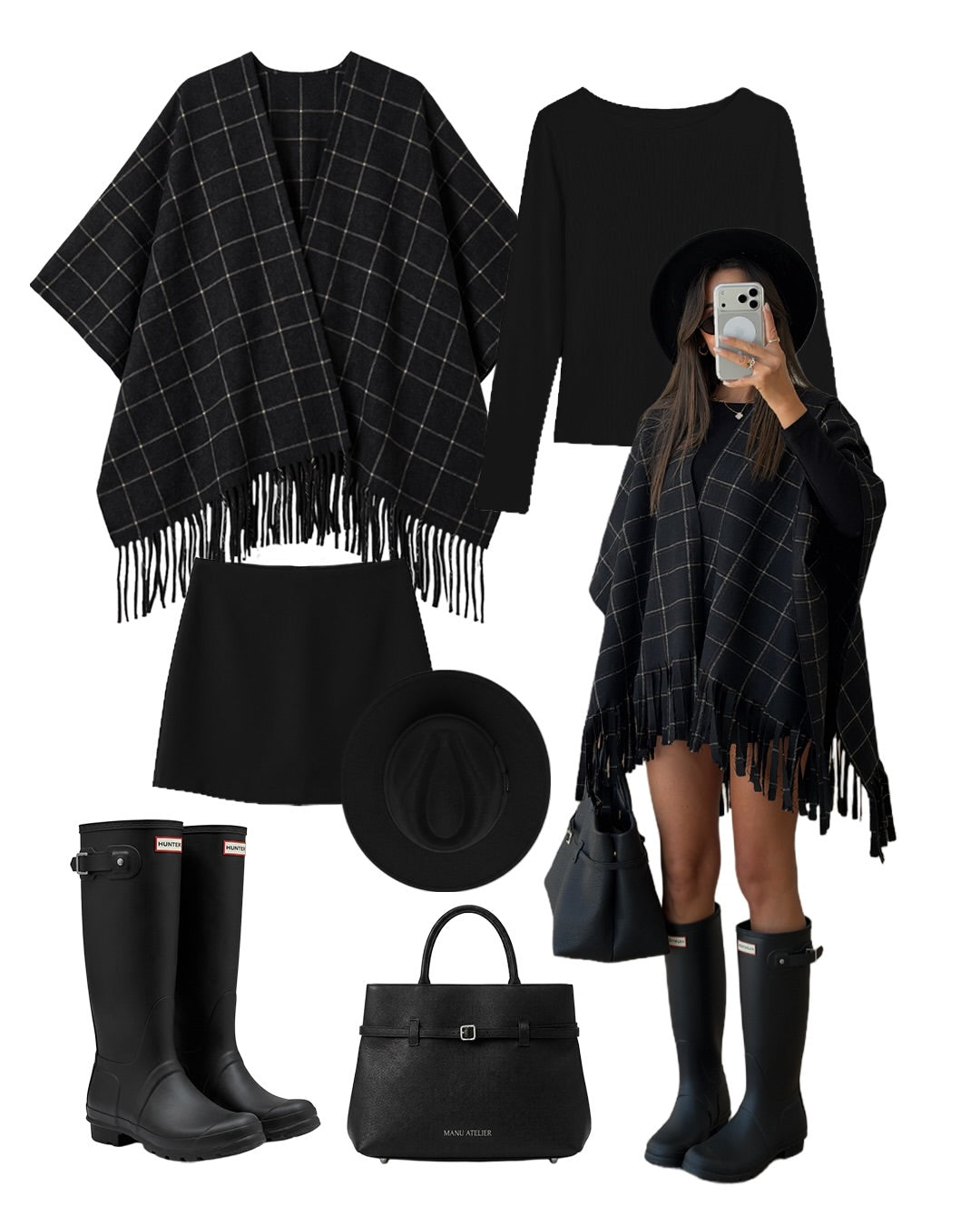 Check-patterned fringe poncho