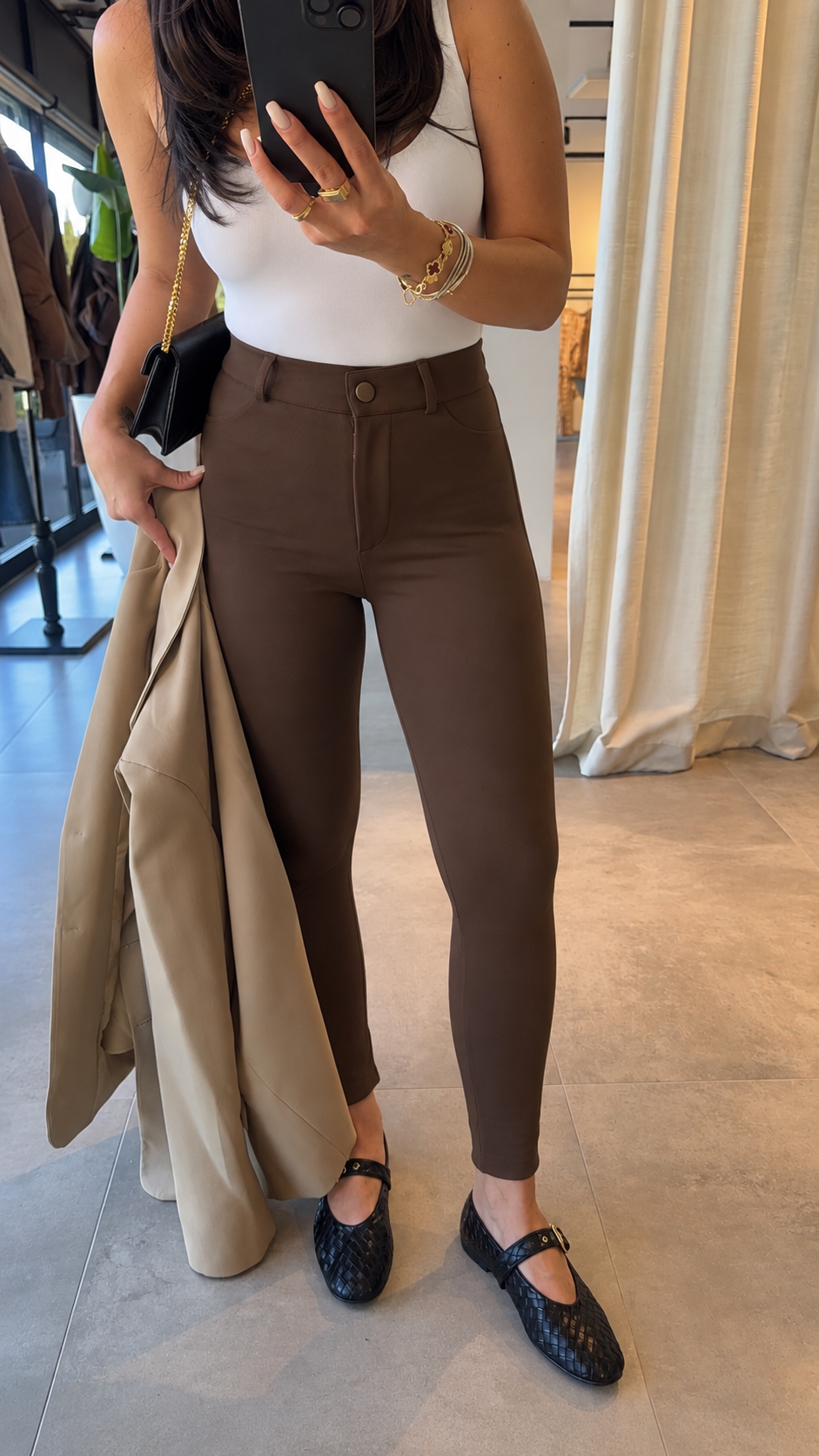 high-waisted, form-fitting stretch pants