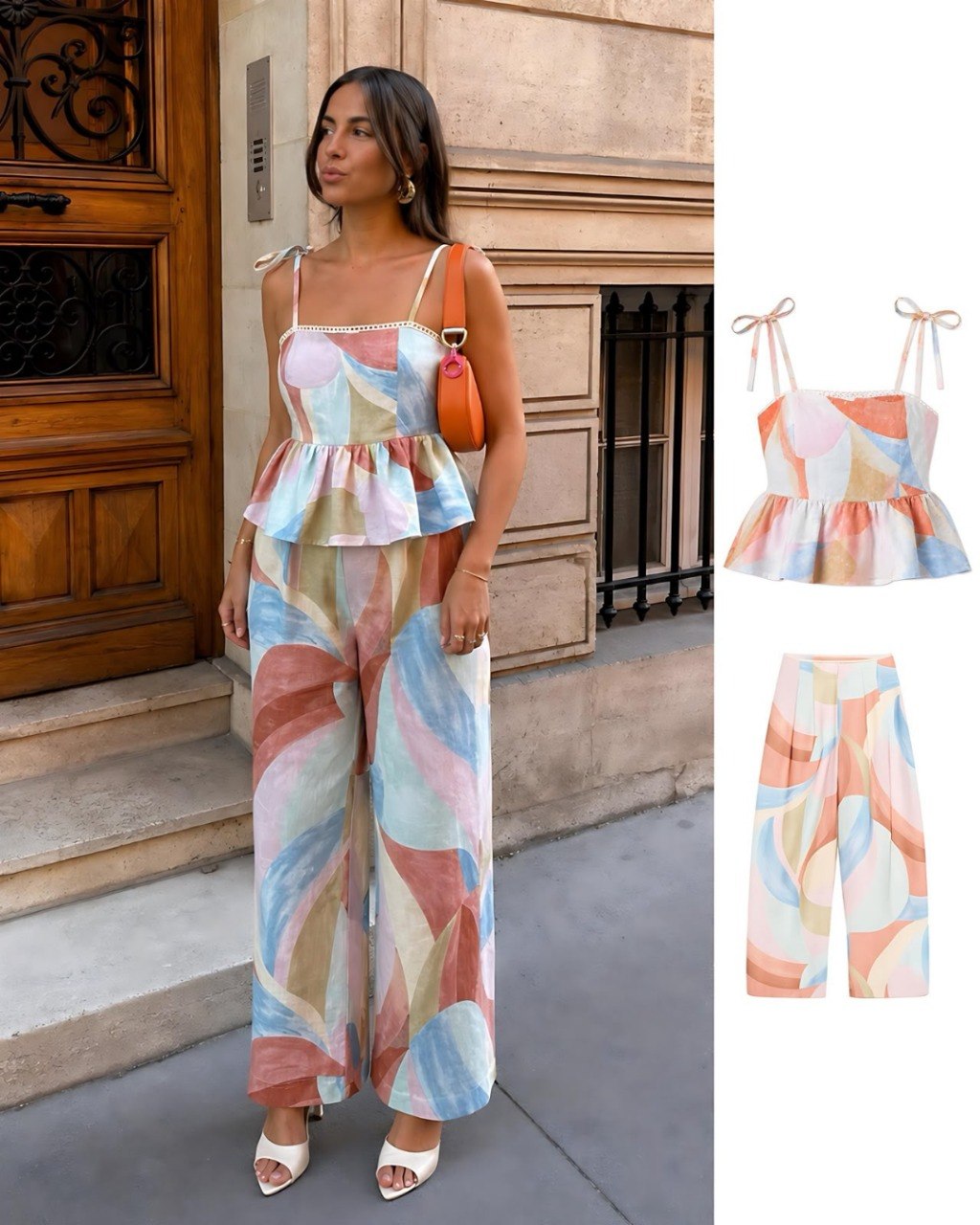 Colorful patterned blouse and pants set