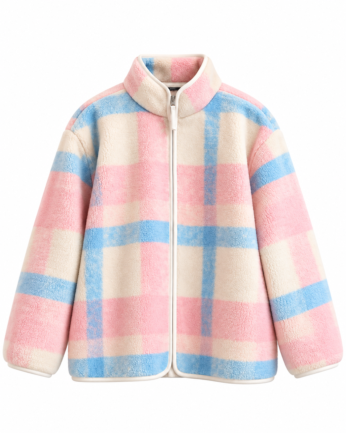 A pastel plaid zip-up fleece jacket