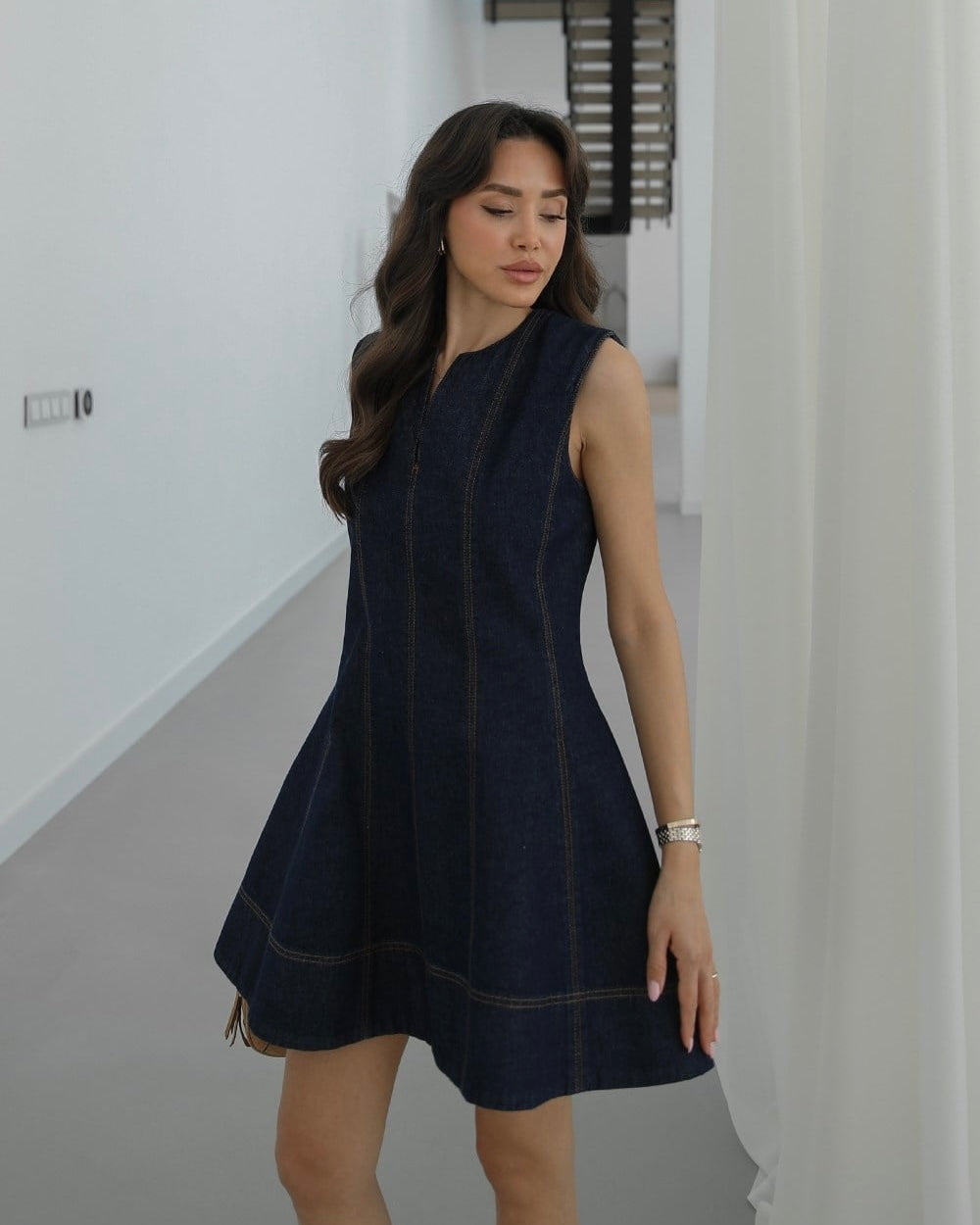 Dark navy denim dress with stitching detail