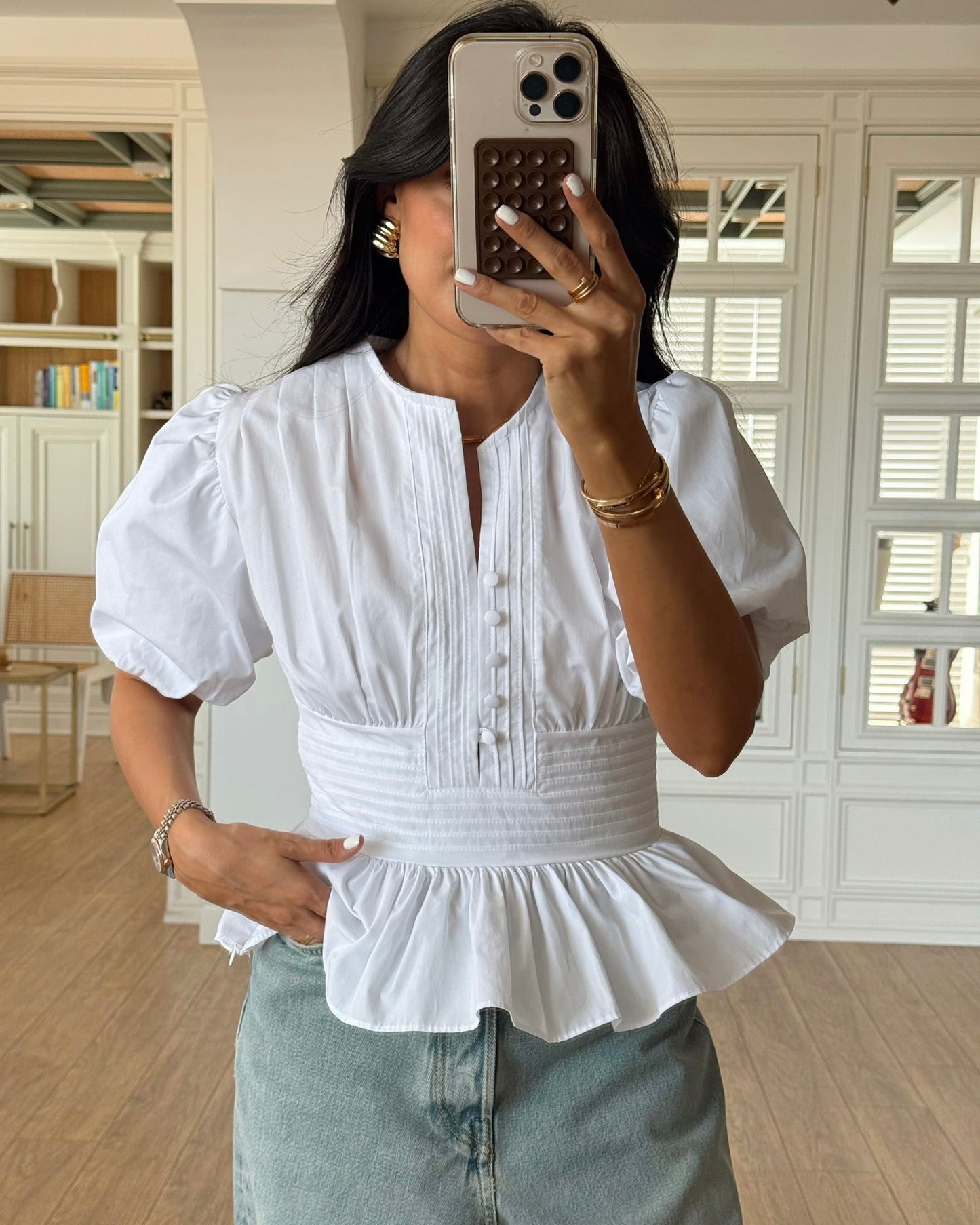 Balloon sleeve cover-up buttoned poplin blouse
