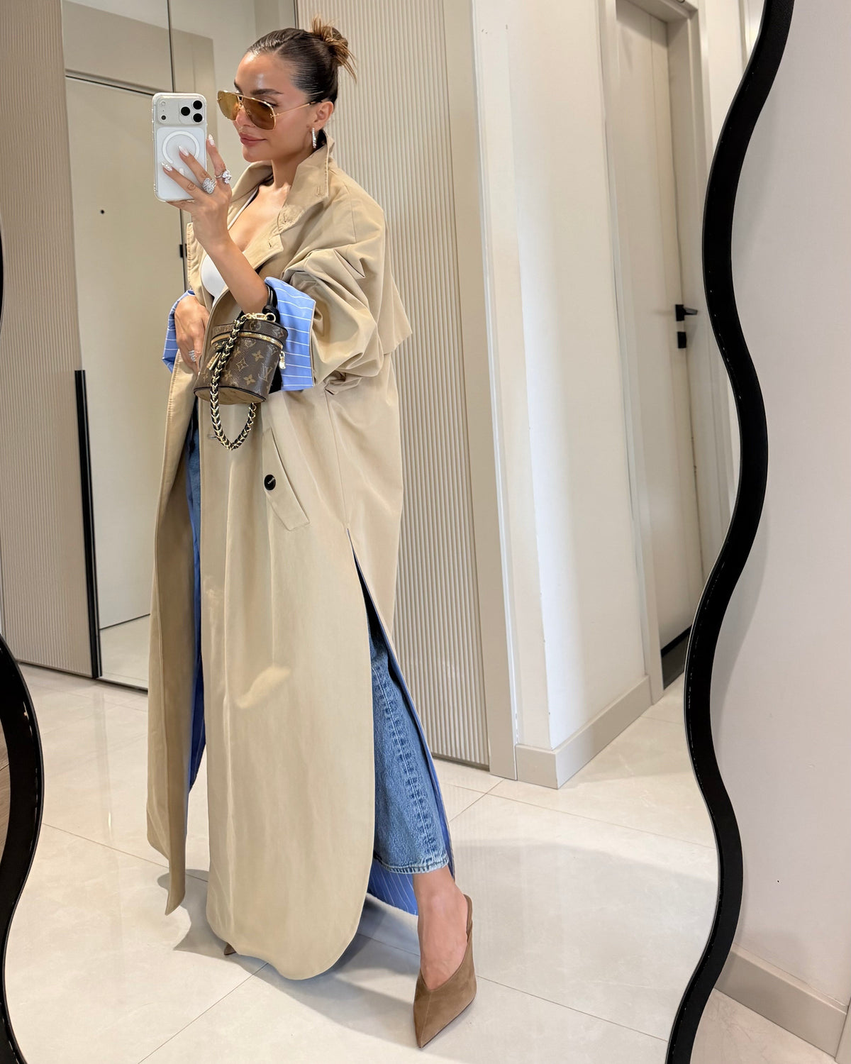 Hanger camel striped lined oversize long trench coat