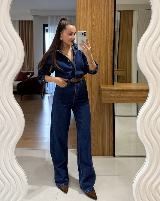 Denim belted jumpsuit