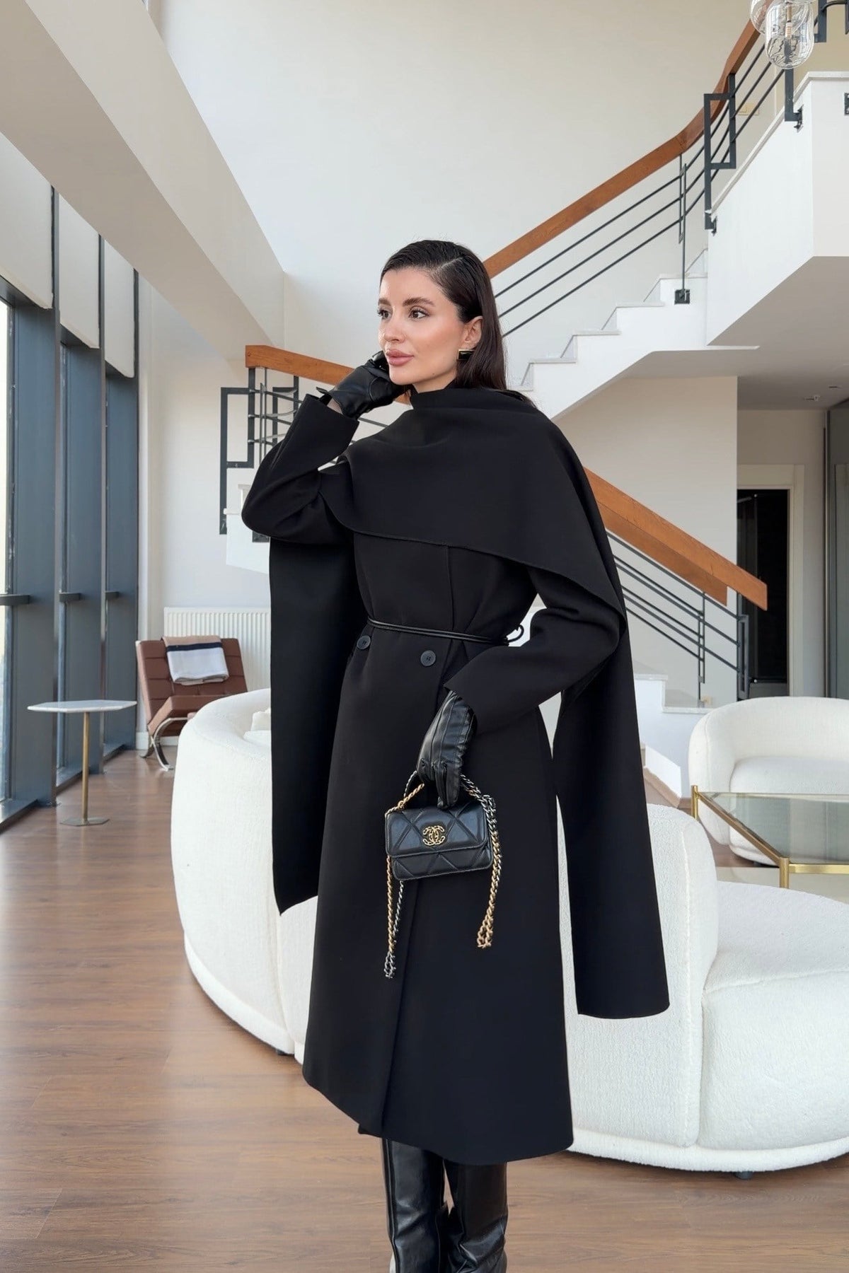 Double-breasted long wool coat with a detachable scarf and a slim belt