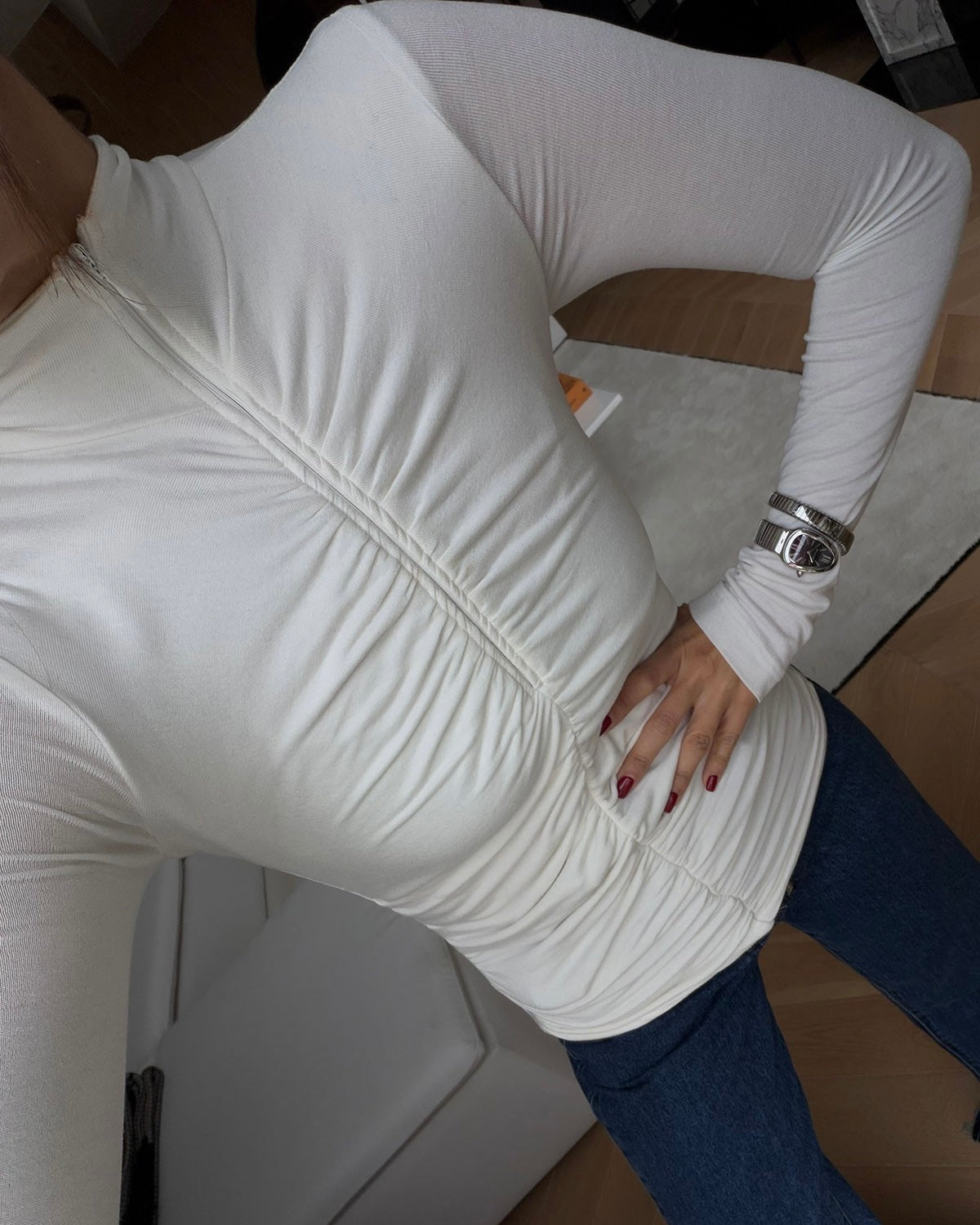 Zip-up gathered blouse