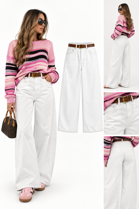 High-waisted, wide-leg white jeans with a brown belt