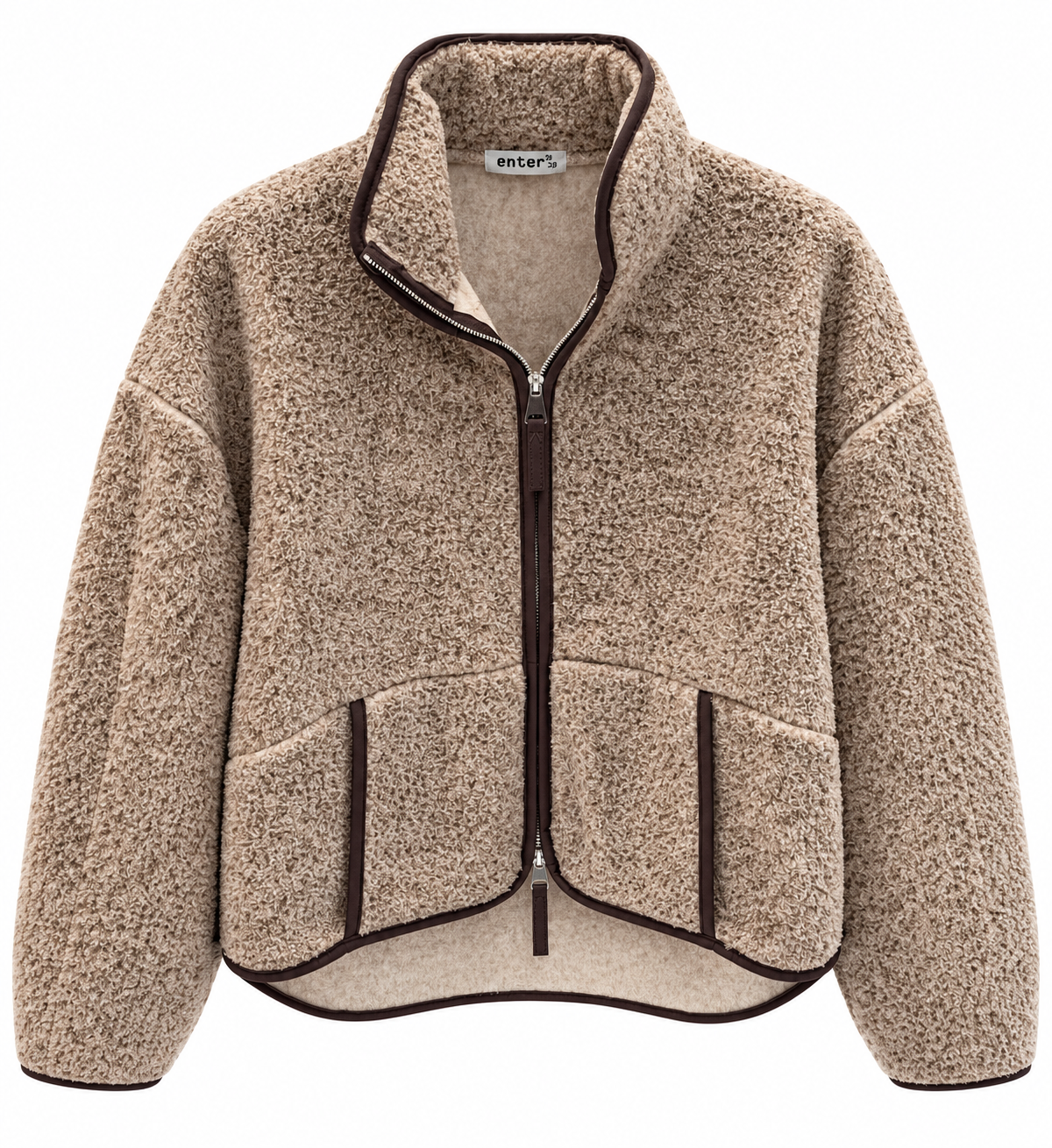 Teddy jacket with two-way front zipper, and front kangaroo pockets with trim detailing.