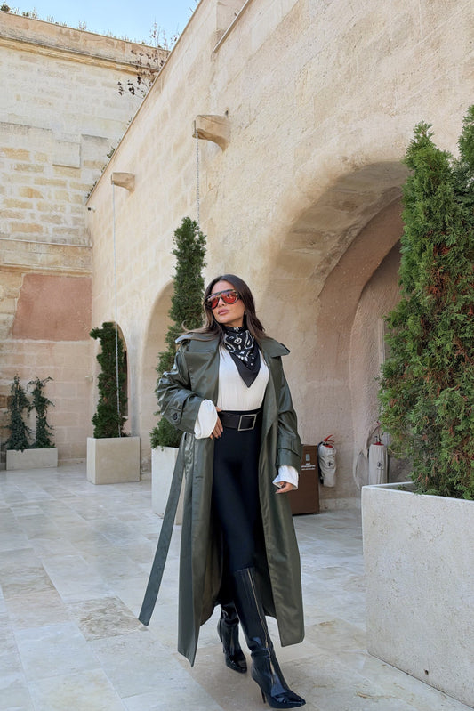 Green belted trench coat