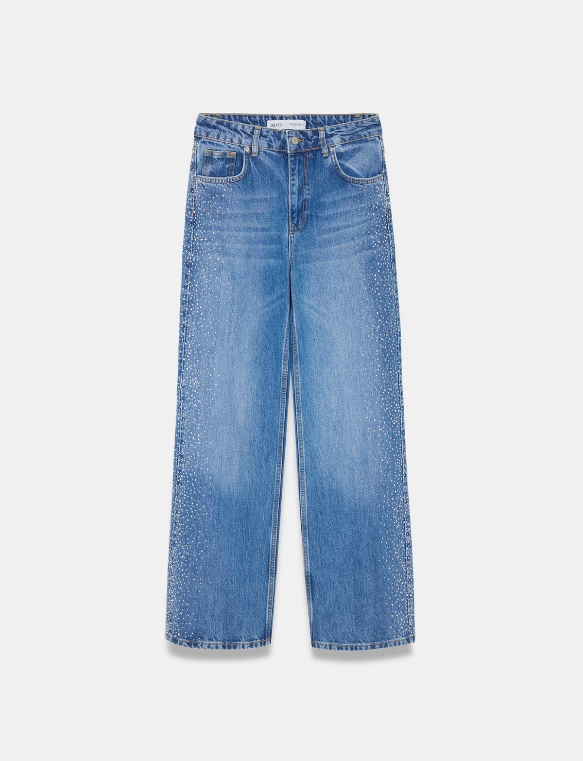 Wide-leg denim jeans featuring side crystal embellishments