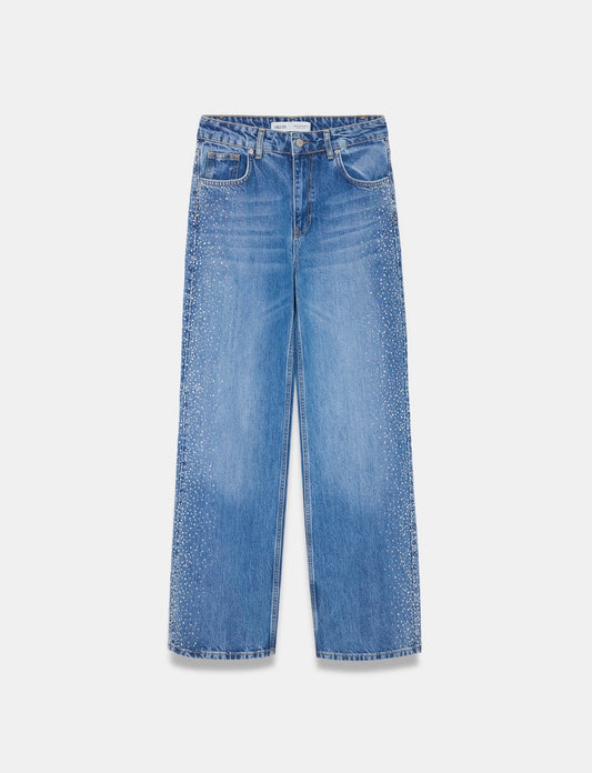 Wide-leg denim jeans featuring side crystal embellishments