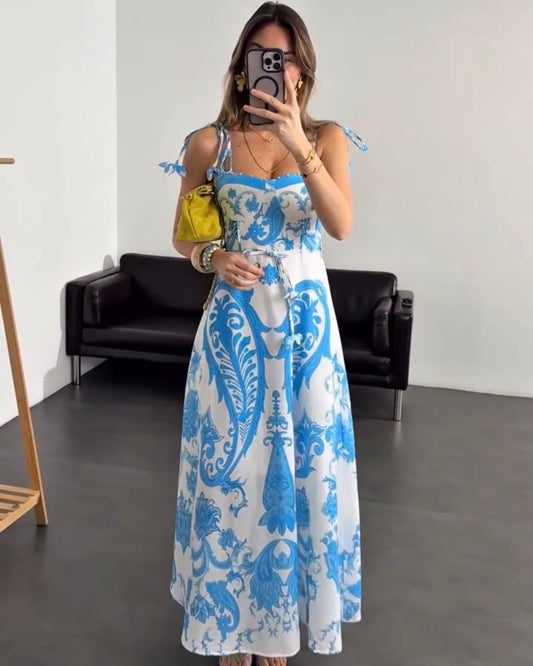 Blue-and-white porcelain-inspired midi dress
