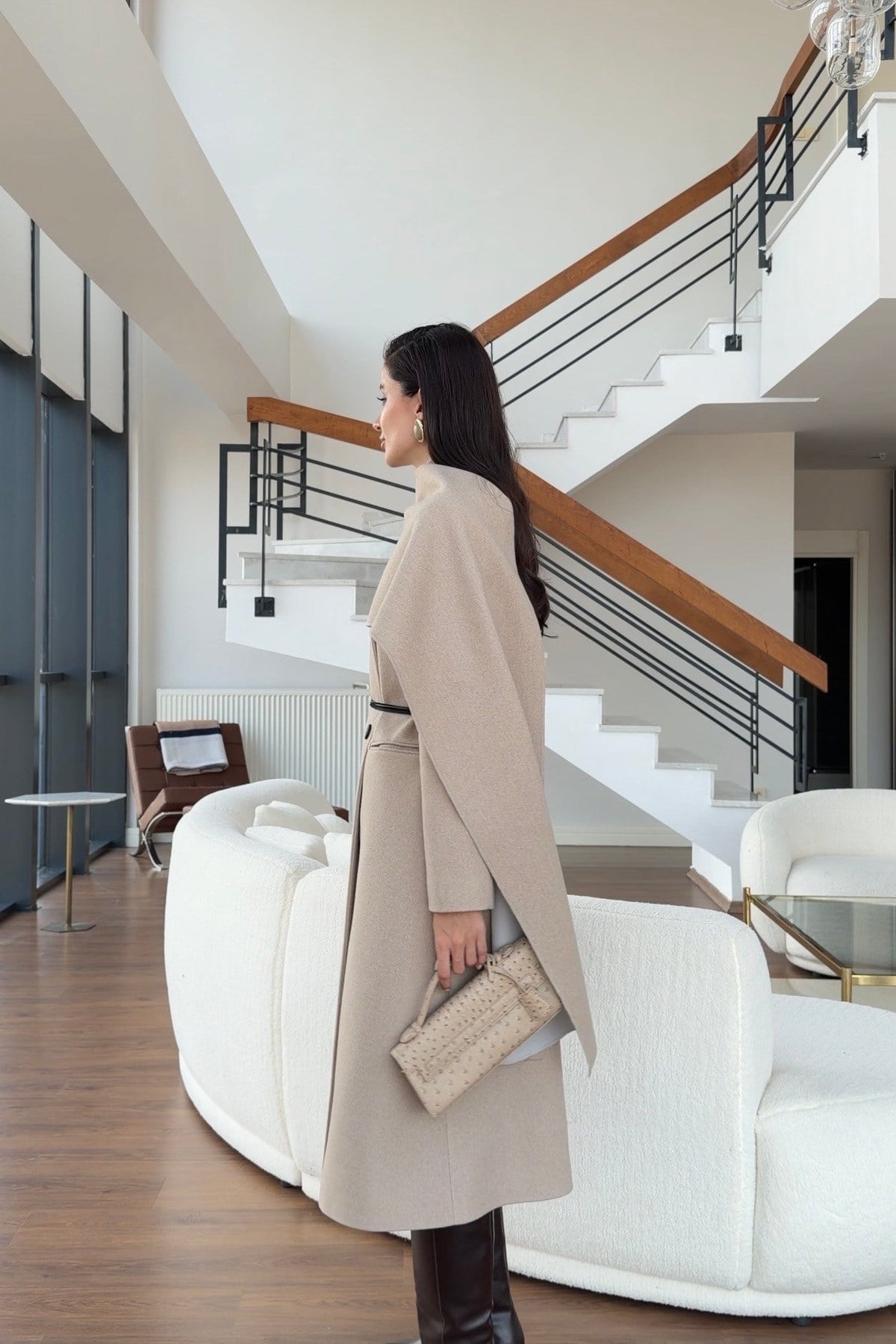 Double-breasted long wool coat with a detachable scarf and a slim belt