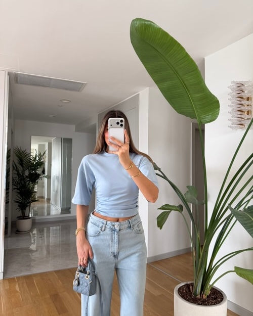 Gathered batwing sleeve T-shirt