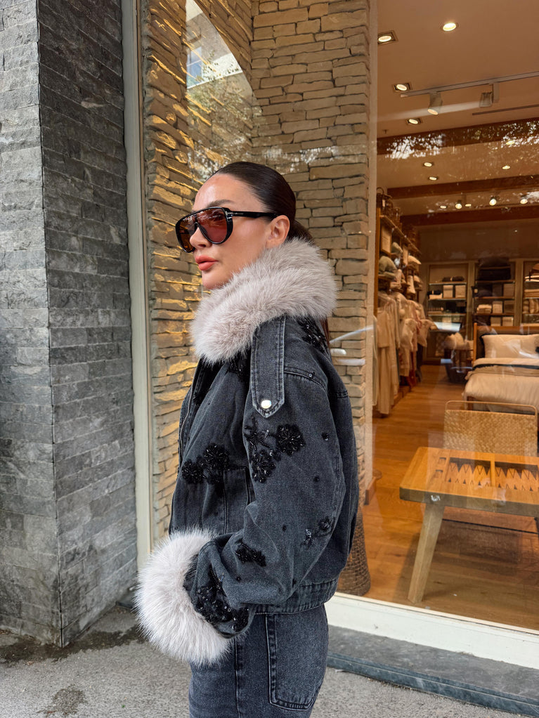 Anthracite embellished denim jacket with faux fur collar and cuffs.
