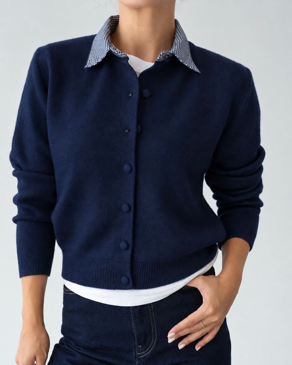 Knit cardigan with navy and white gingham patterned collar