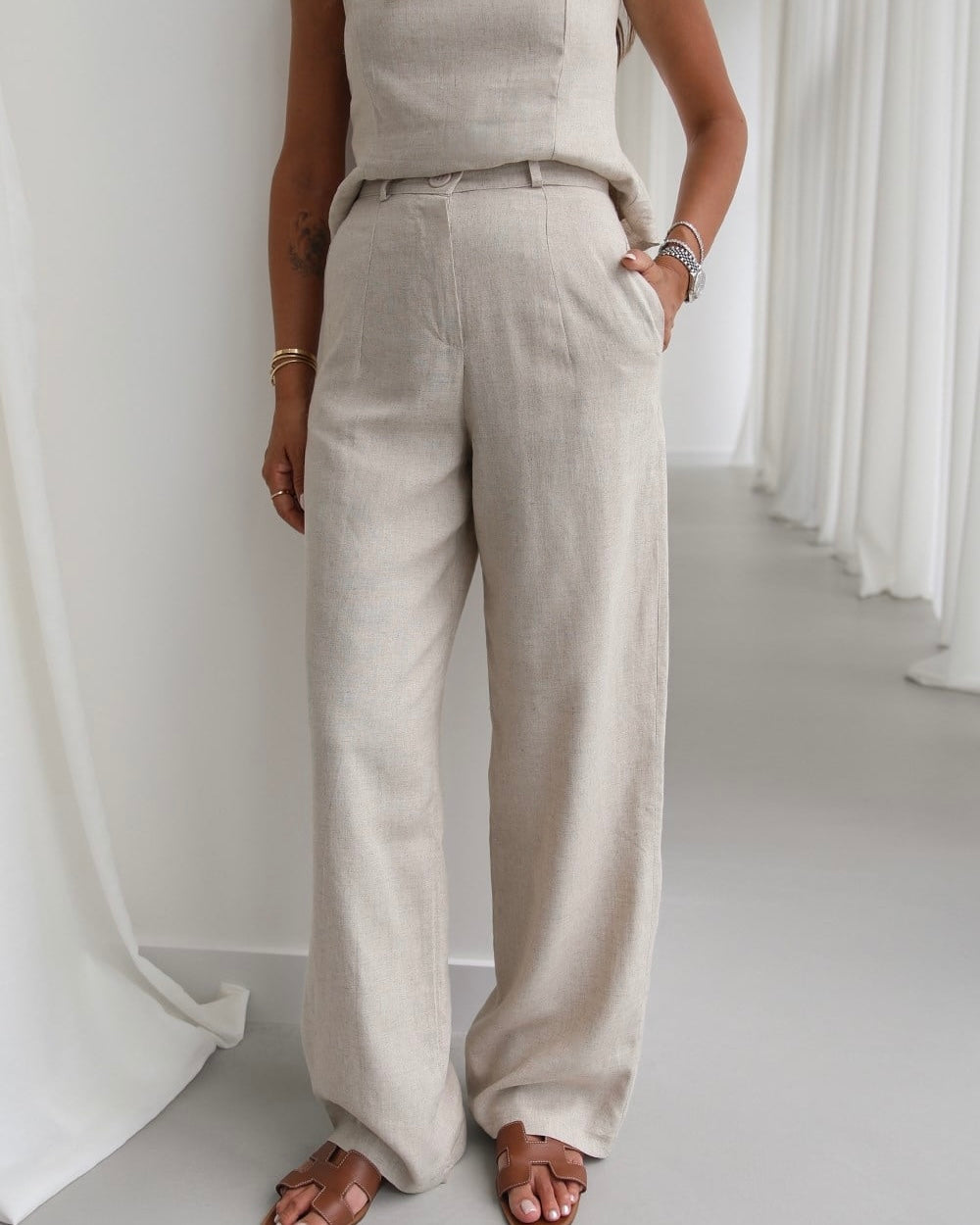 Natural ceres raw linen blouse and  trousers set