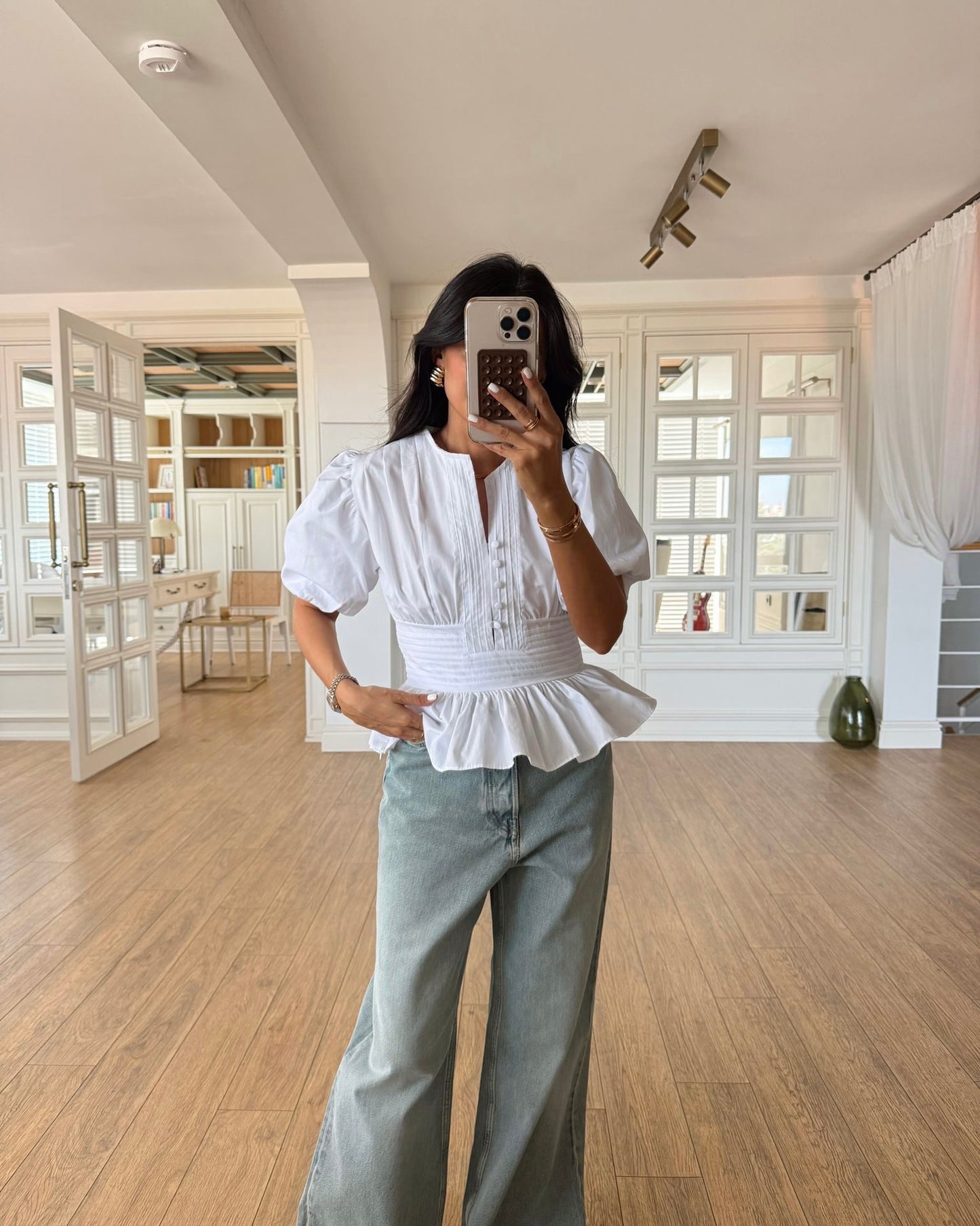Balloon sleeve cover-up buttoned poplin blouse