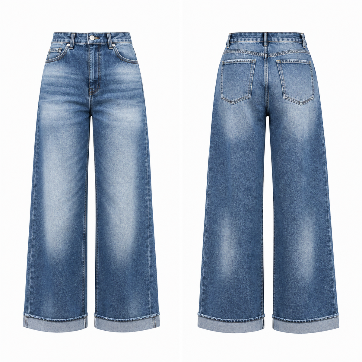 Wide-leg blue jeans with a faded wash and folded hems