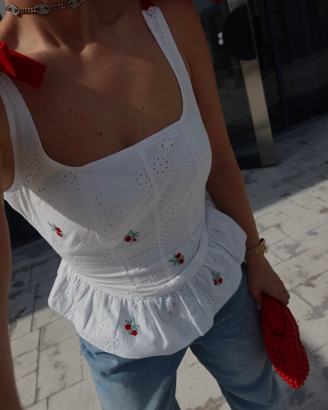 Red detail lace corset blouse