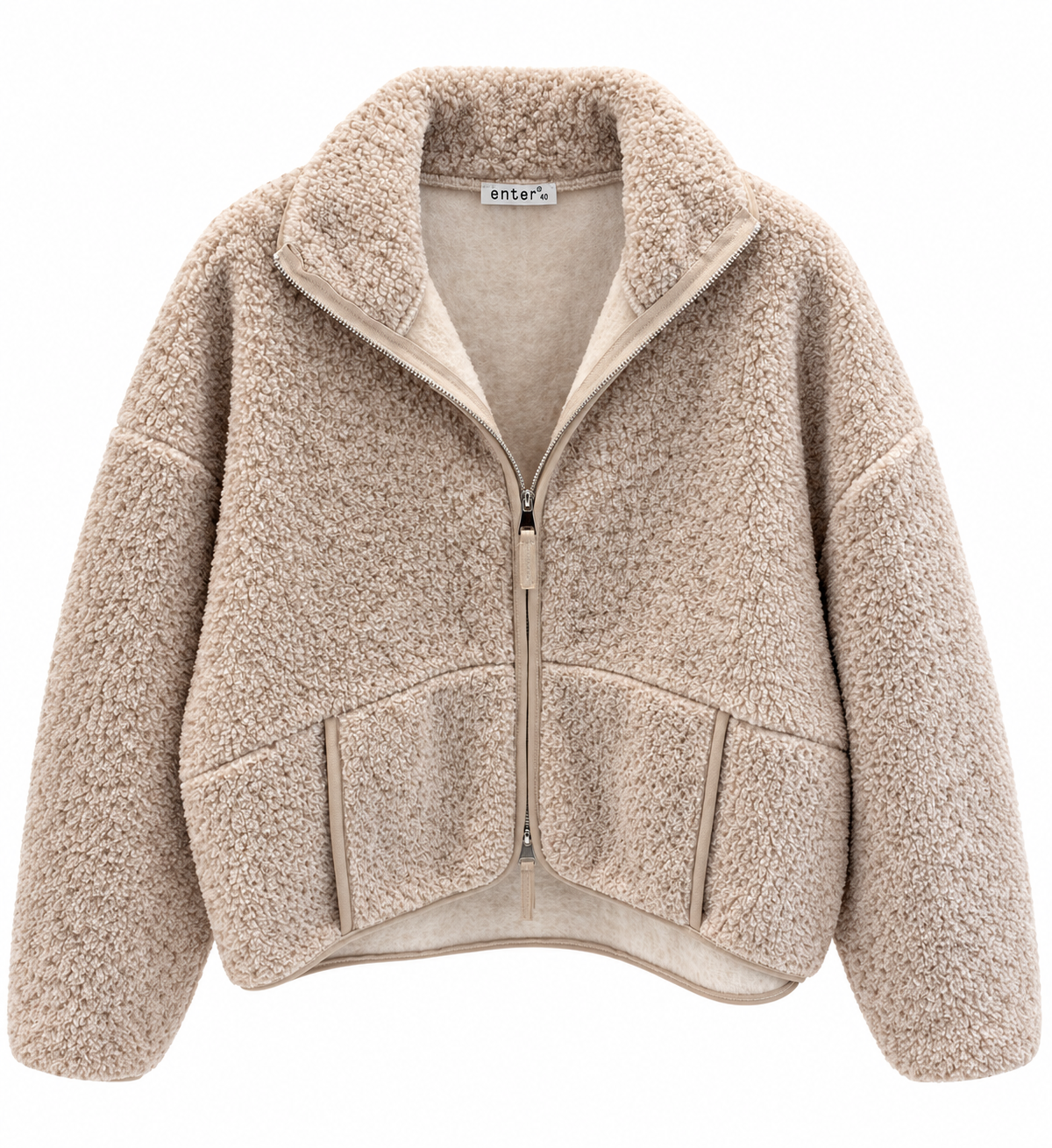 Teddy jacket with two-way front zipper, and front kangaroo pockets with trim detailing.