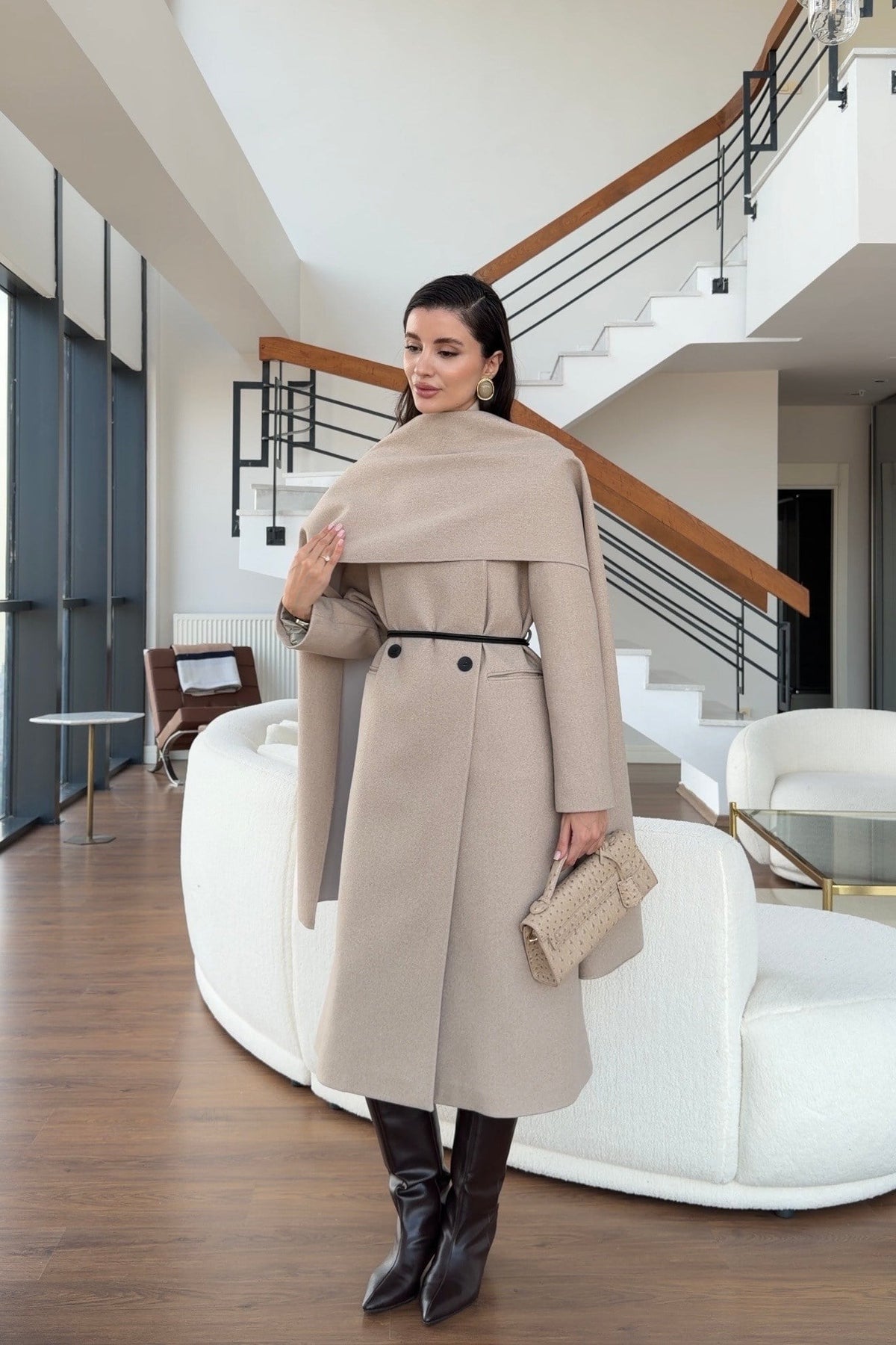 Double-breasted long wool coat with a detachable scarf and a slim belt