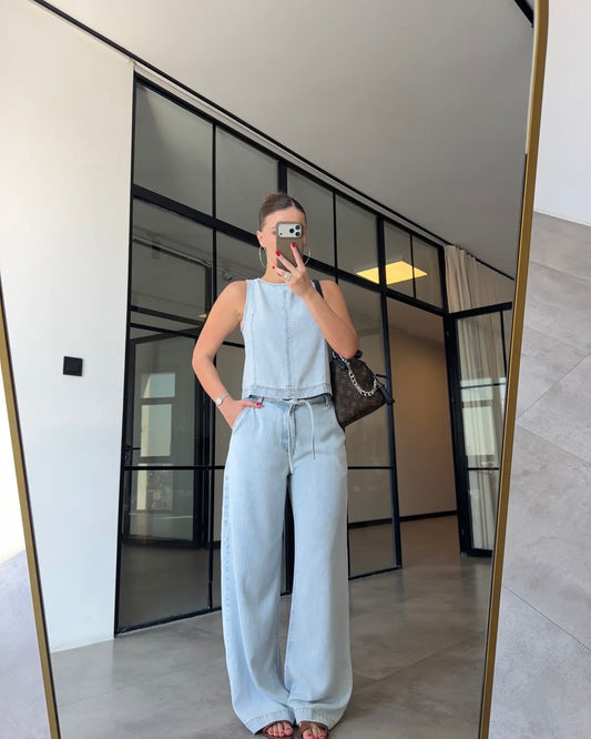 Lace-up pants, blouse, and Tencel set