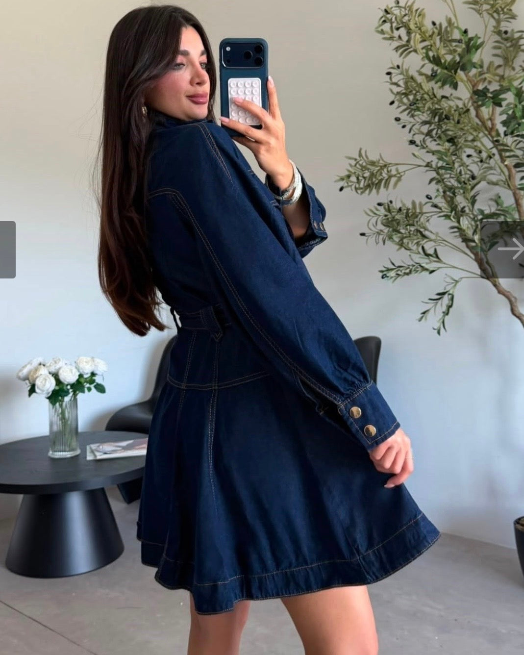 Navy blue utility-style denim mini dress