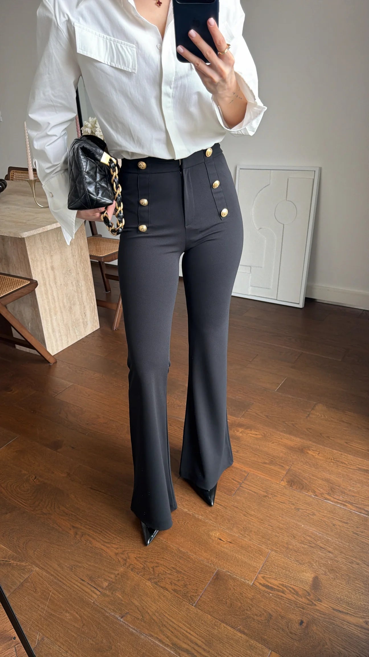 Spanish-style flare trouser with gold buttons