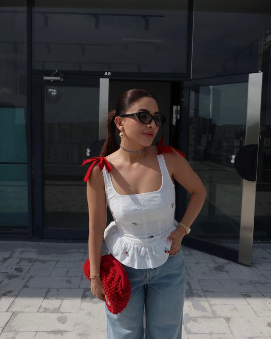 Red detail lace corset blouse
