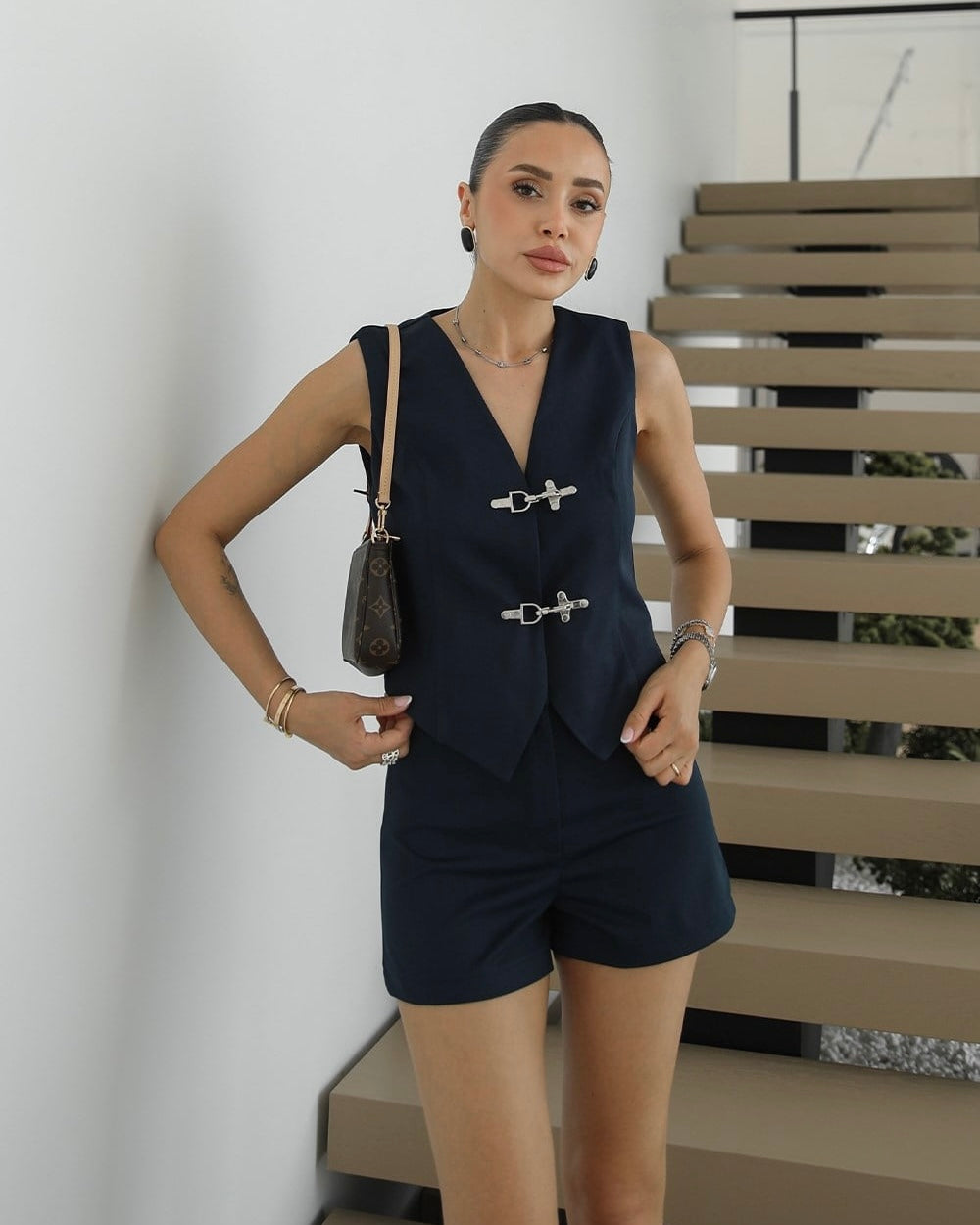Vest and shorts set with toggle closure detail