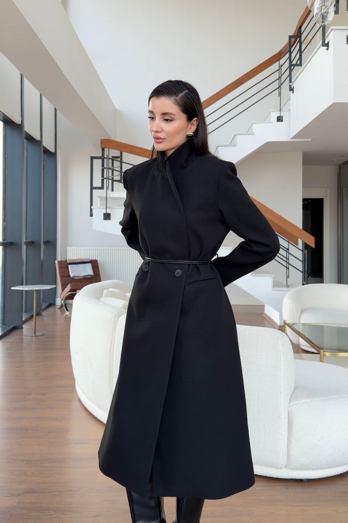 Double-breasted long wool coat with a detachable scarf and a slim belt