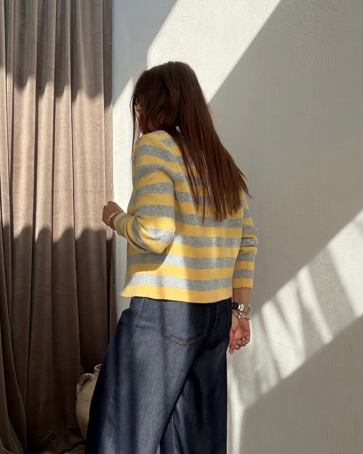 Striped knit zip-up cardigan