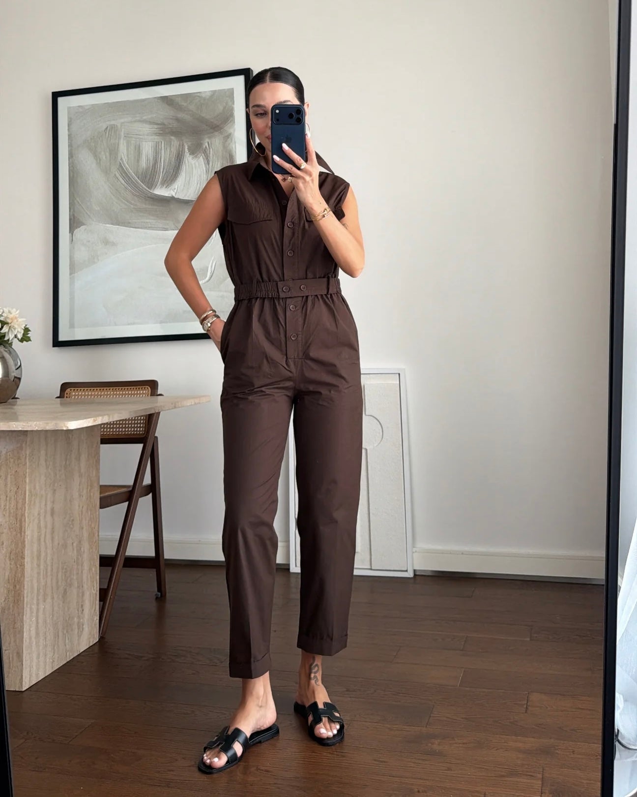 Shirt collar sleeveless jumpsuit