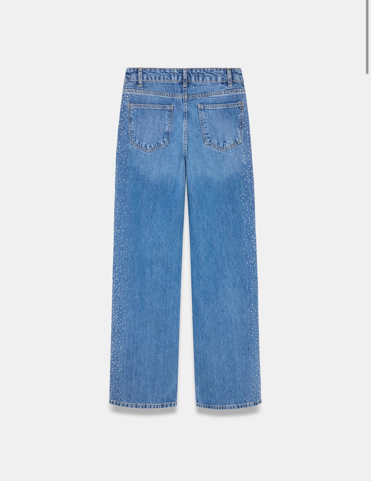 Wide-leg denim jeans featuring side crystal embellishments