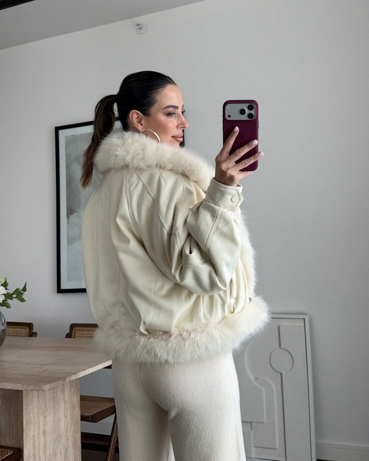 Nubuck jacket with fluffy faux-fur collar and cuff details