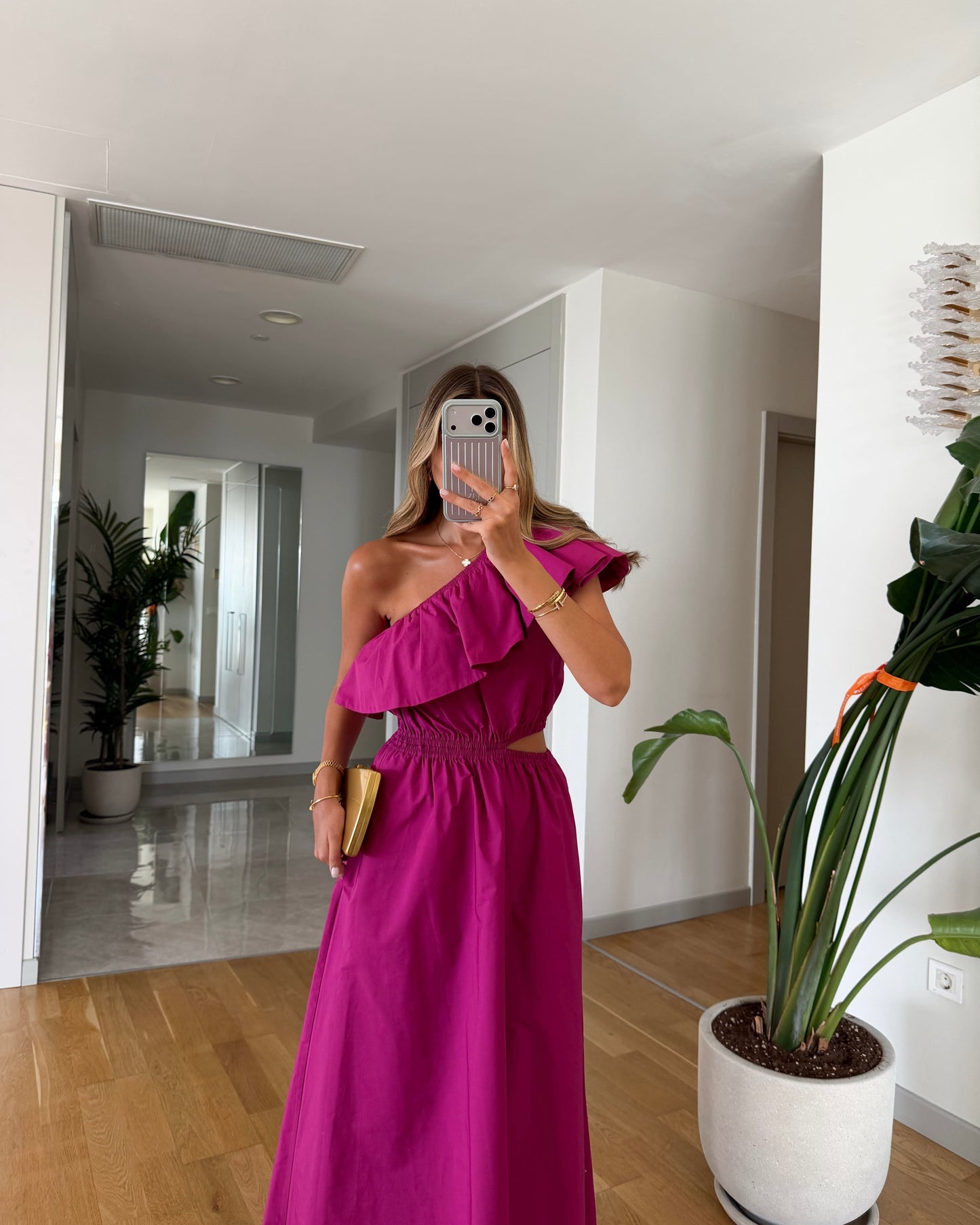Asymmetrical neckline ruffle detail dress