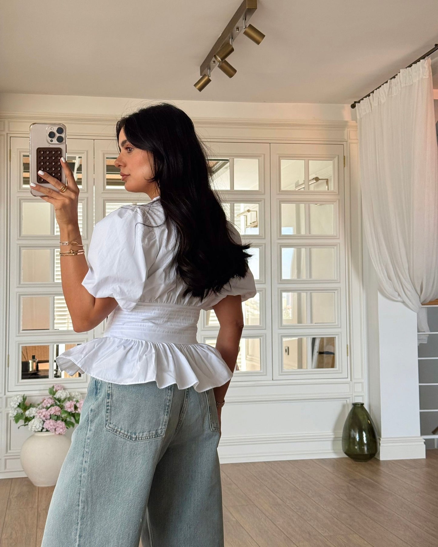 Balloon sleeve cover-up buttoned poplin blouse
