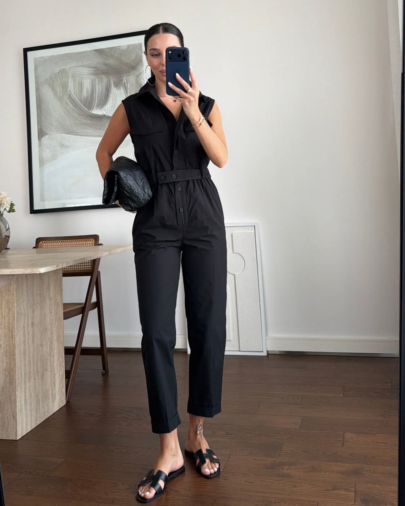 Shirt collar sleeveless jumpsuit