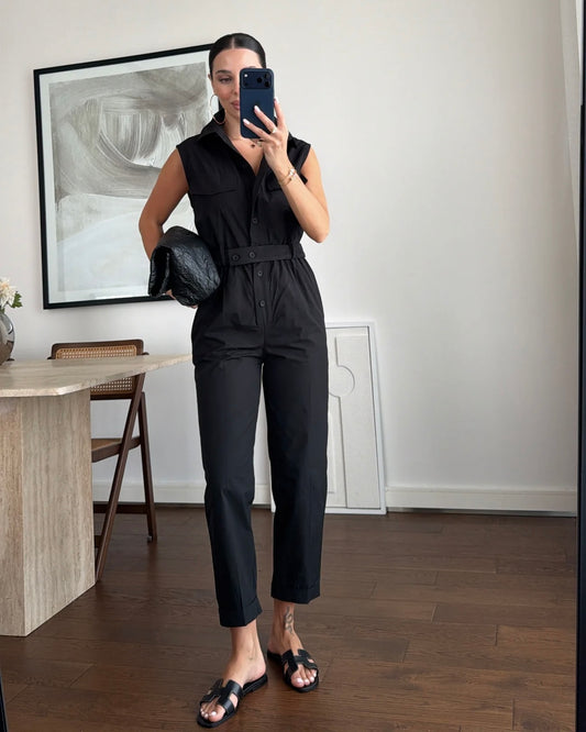 Shirt collar sleeveless jumpsuit