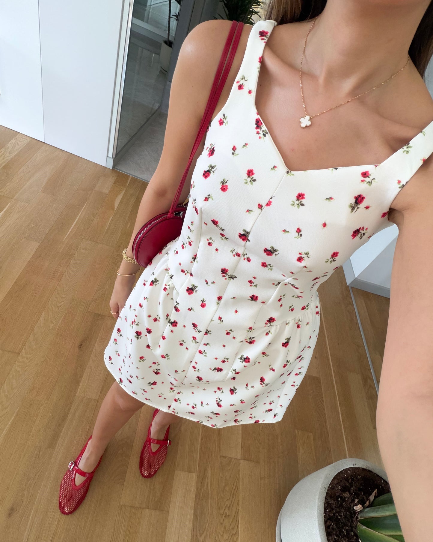 Red rose patterned strappy mini dress