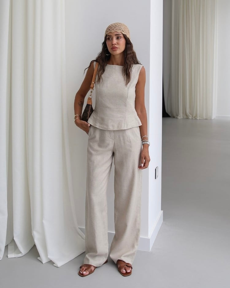 Natural ceres raw linen blouse and  trousers set