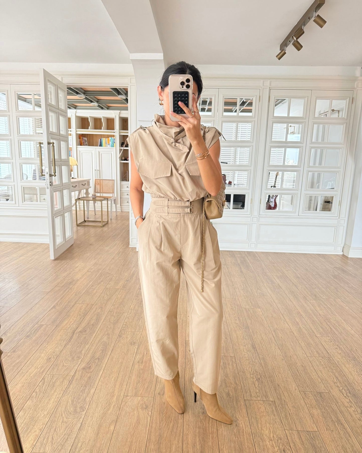 Etromy belt detailed crop blouse and pants set