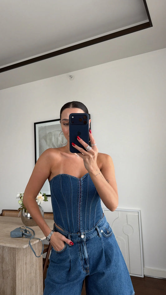 Denim strapless bustier
