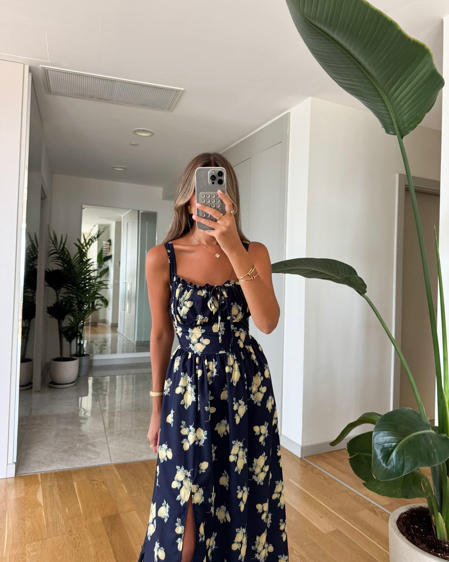 Navy Blue Lemon Print Dress
