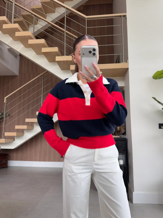 Navy blue and red striped knit polo sweater
