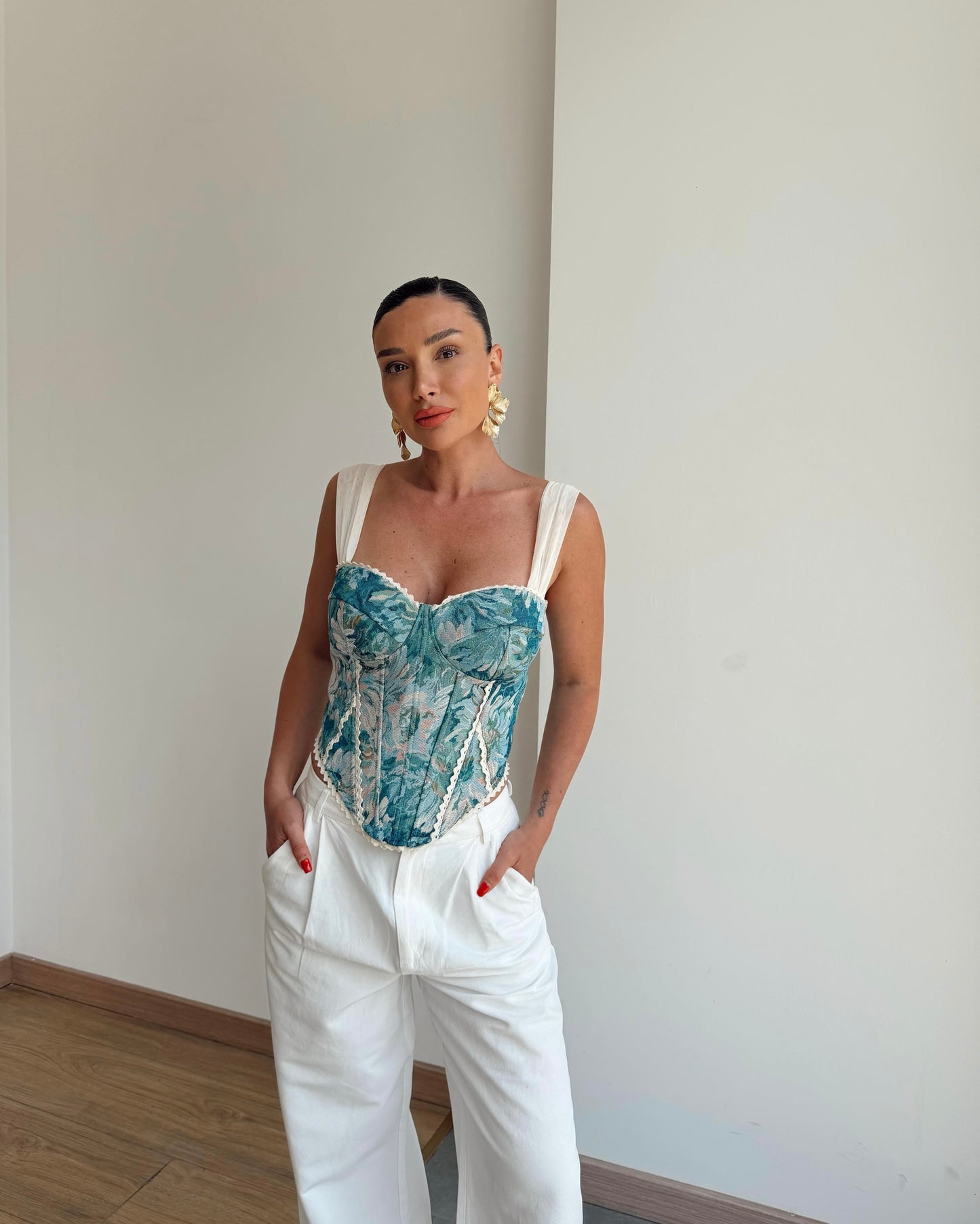Imported patterned corset blouse