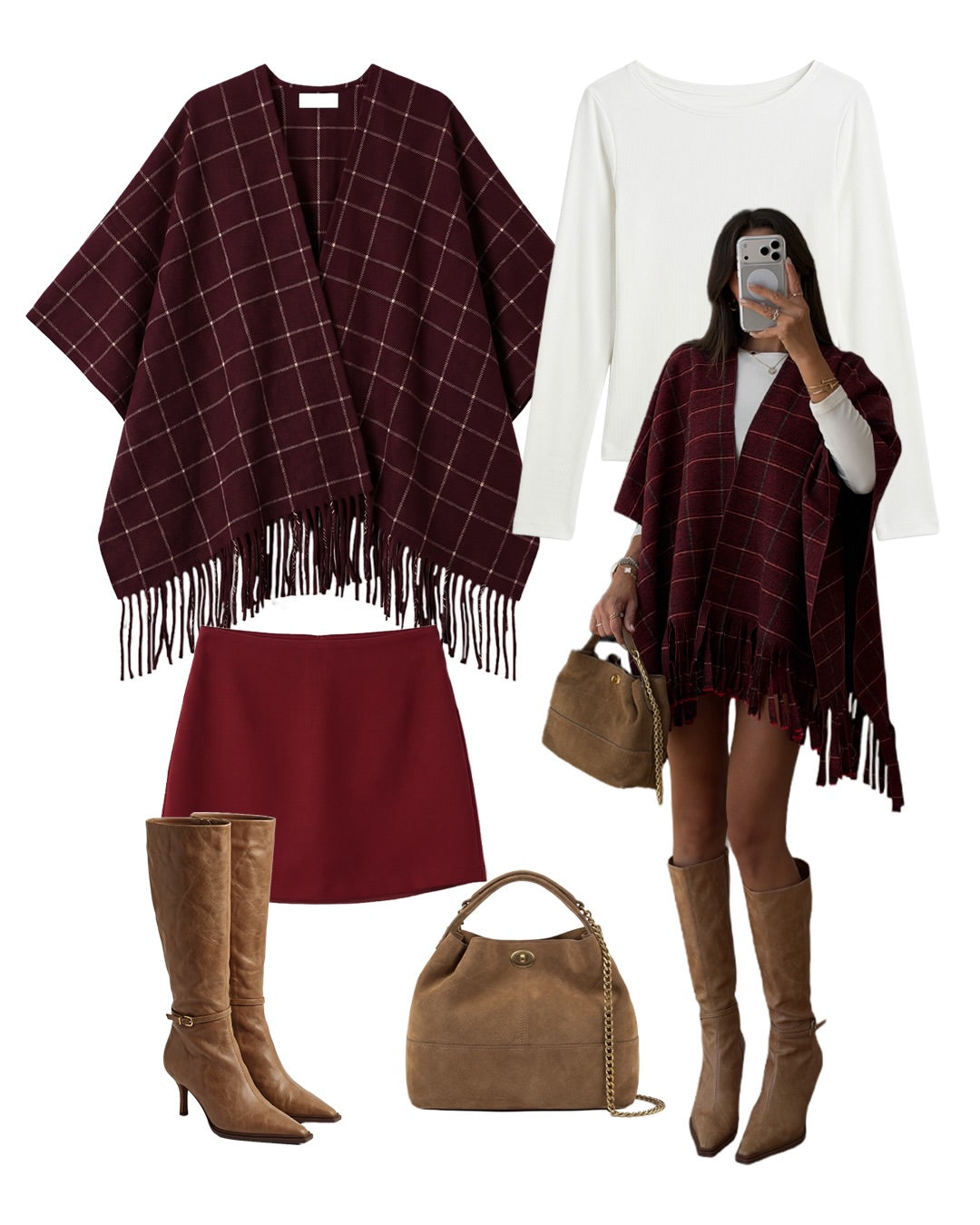 Check-patterned fringe poncho