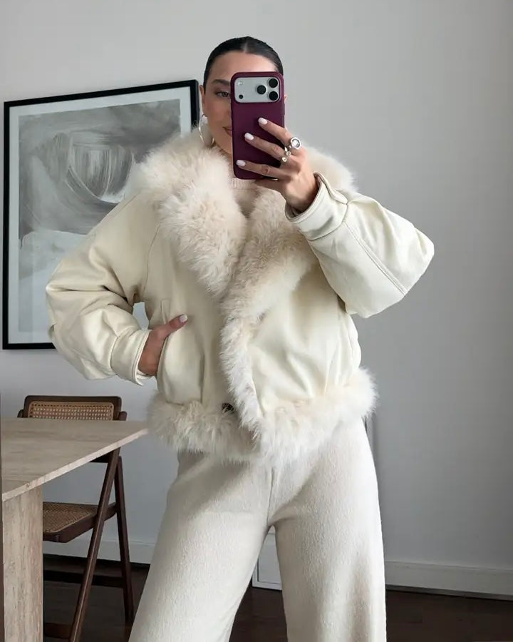 Nubuck jacket with fluffy faux-fur collar and cuff details